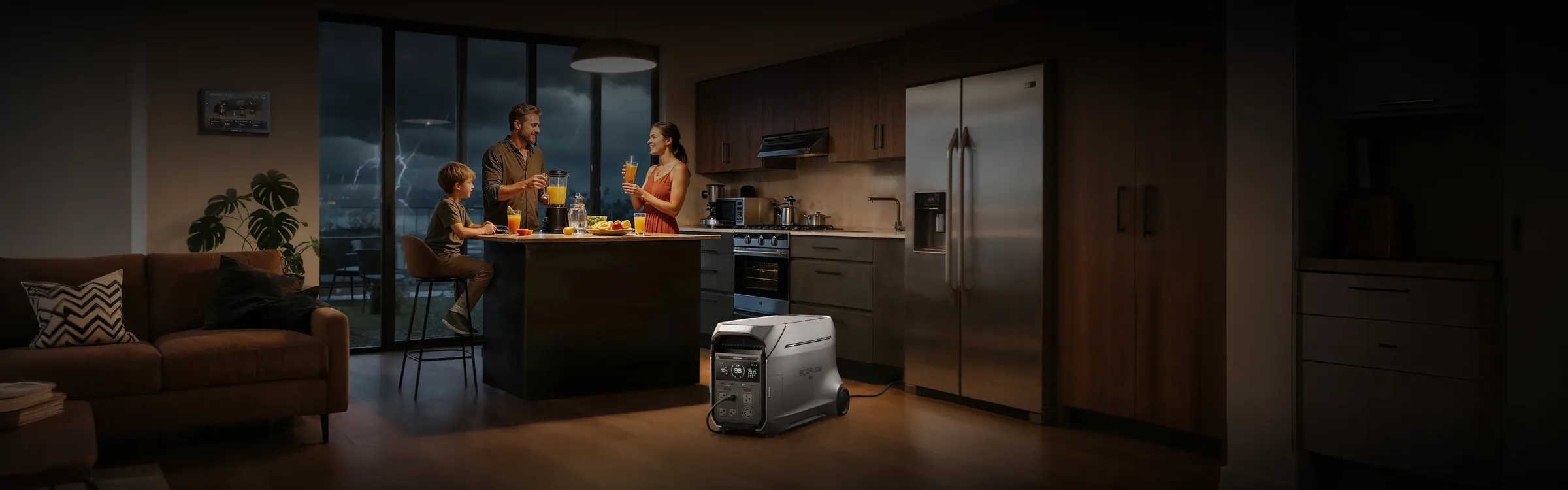 Familia en casa con una estación EcoFlow DELTA Pro 3