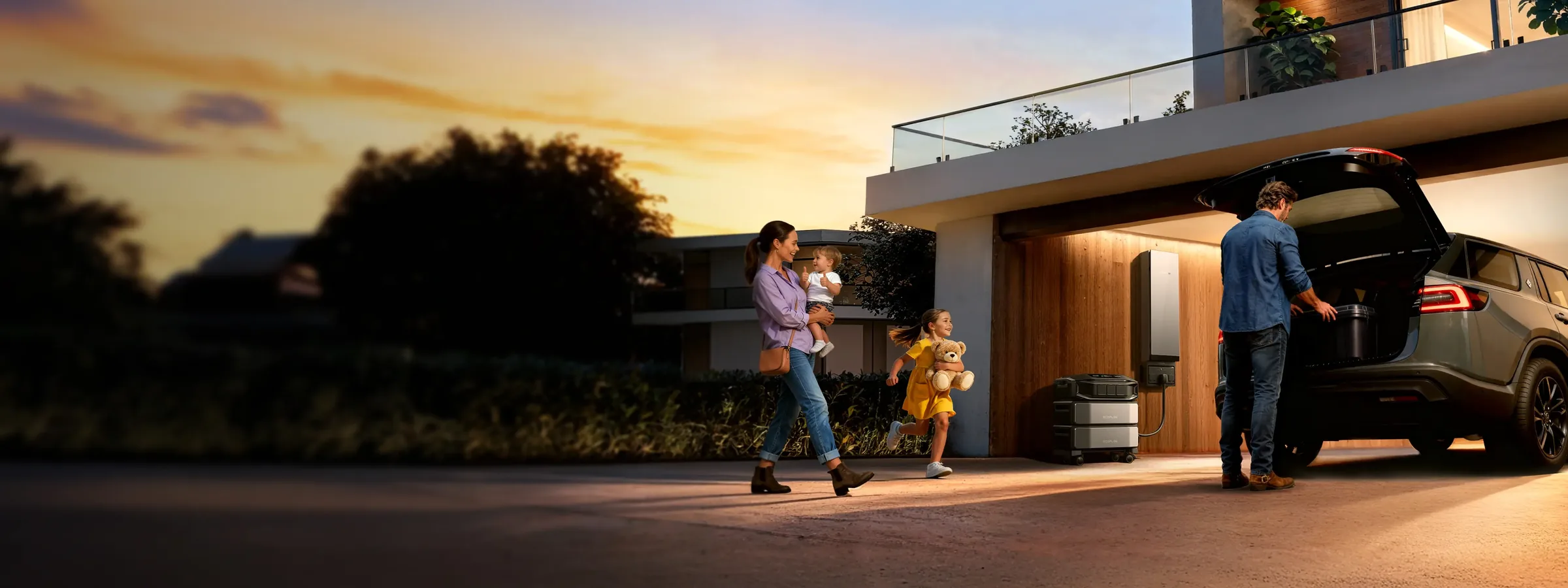 EcoFlow DELTA Pro Ultra junto a una casa al atardecer